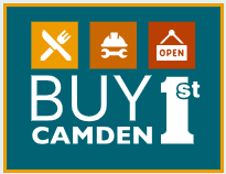 Logo with Buy Camden 1st displayed with icons of a fork and knife, hard hat and wrench and open sign